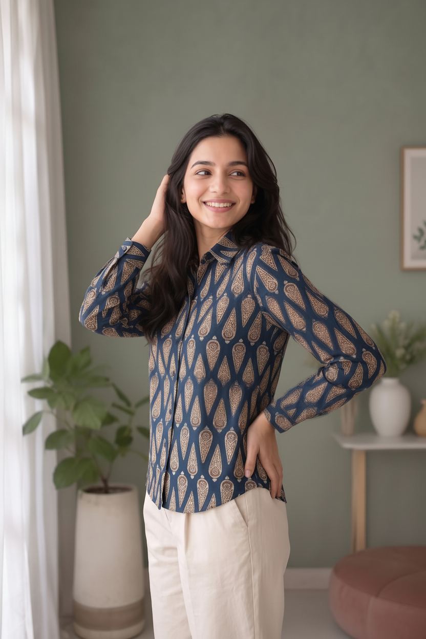 A woman modeling a long-sleeve button-up shirt with a navy blue and beige geometric paisley pattern, paired with light beige trousers, in a styled indoor setting with a sage green wall and potted plants.