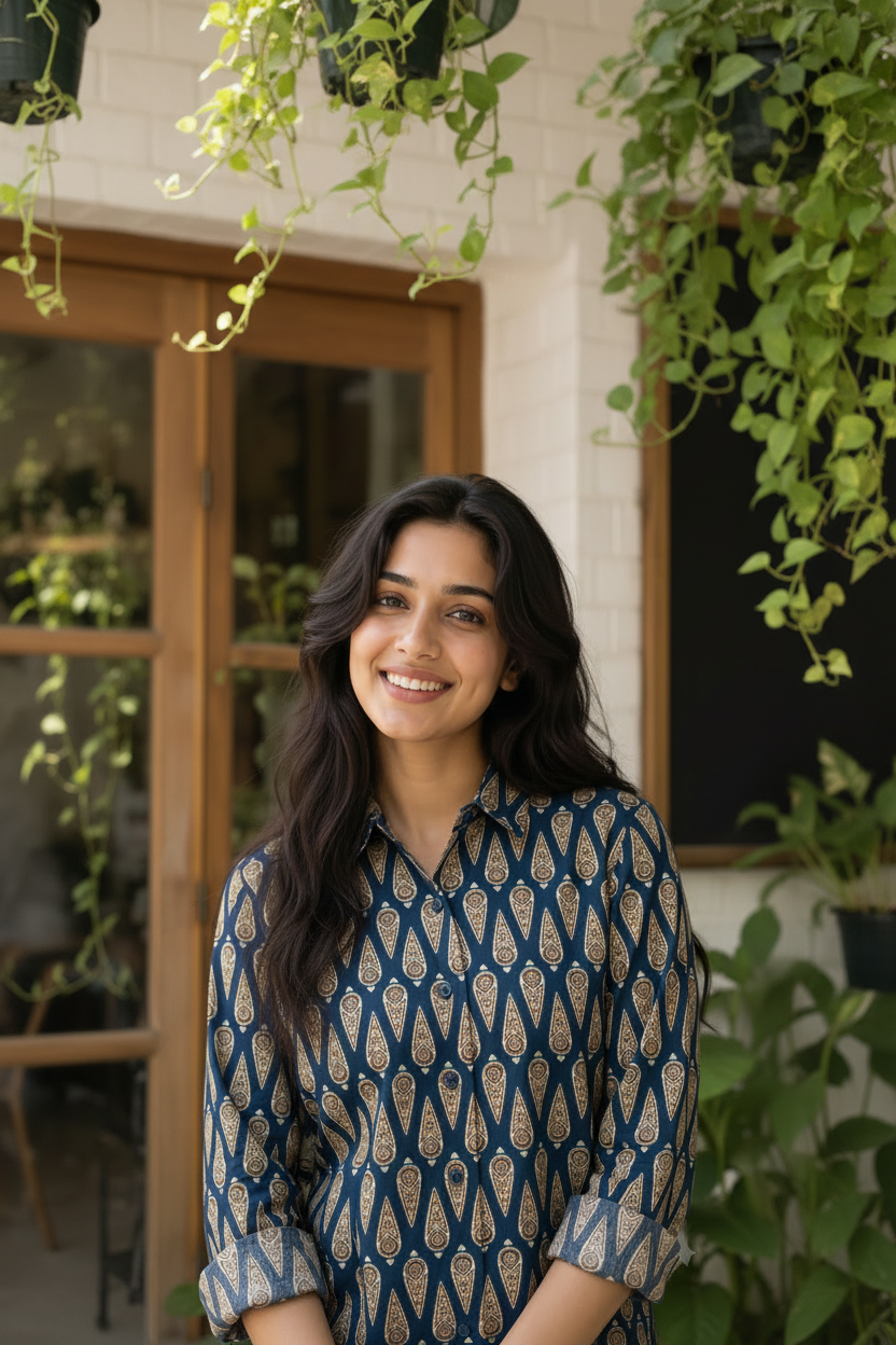 A woman smiling and wearing a navy blue button-up shirt with a beige and gold paisley pattern, set against a warm, softly blurred cafe background.