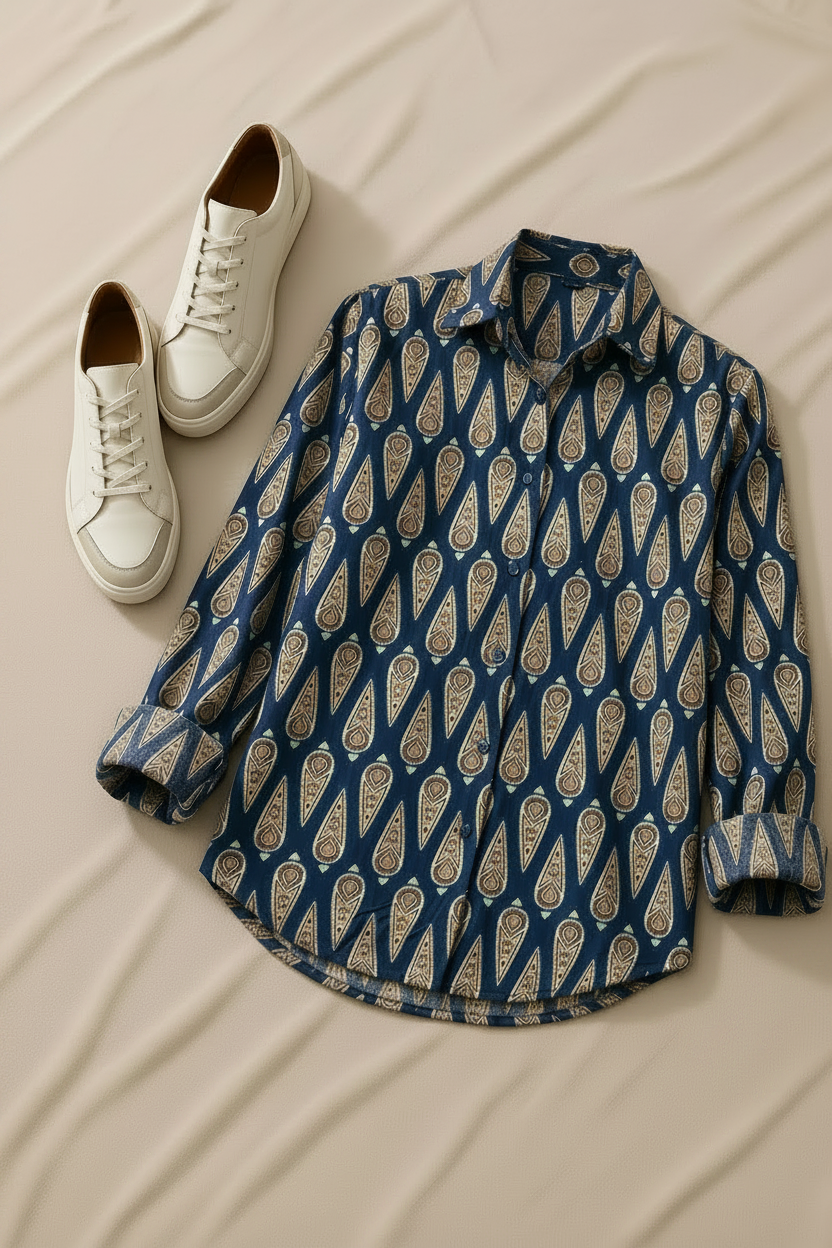 A navy blue long-sleeve button-up shirt with a beige and gold paisley pattern, styled on a black hanger next to a pair of white sneakers and a silver cuff bracelet on a beige fabric background.