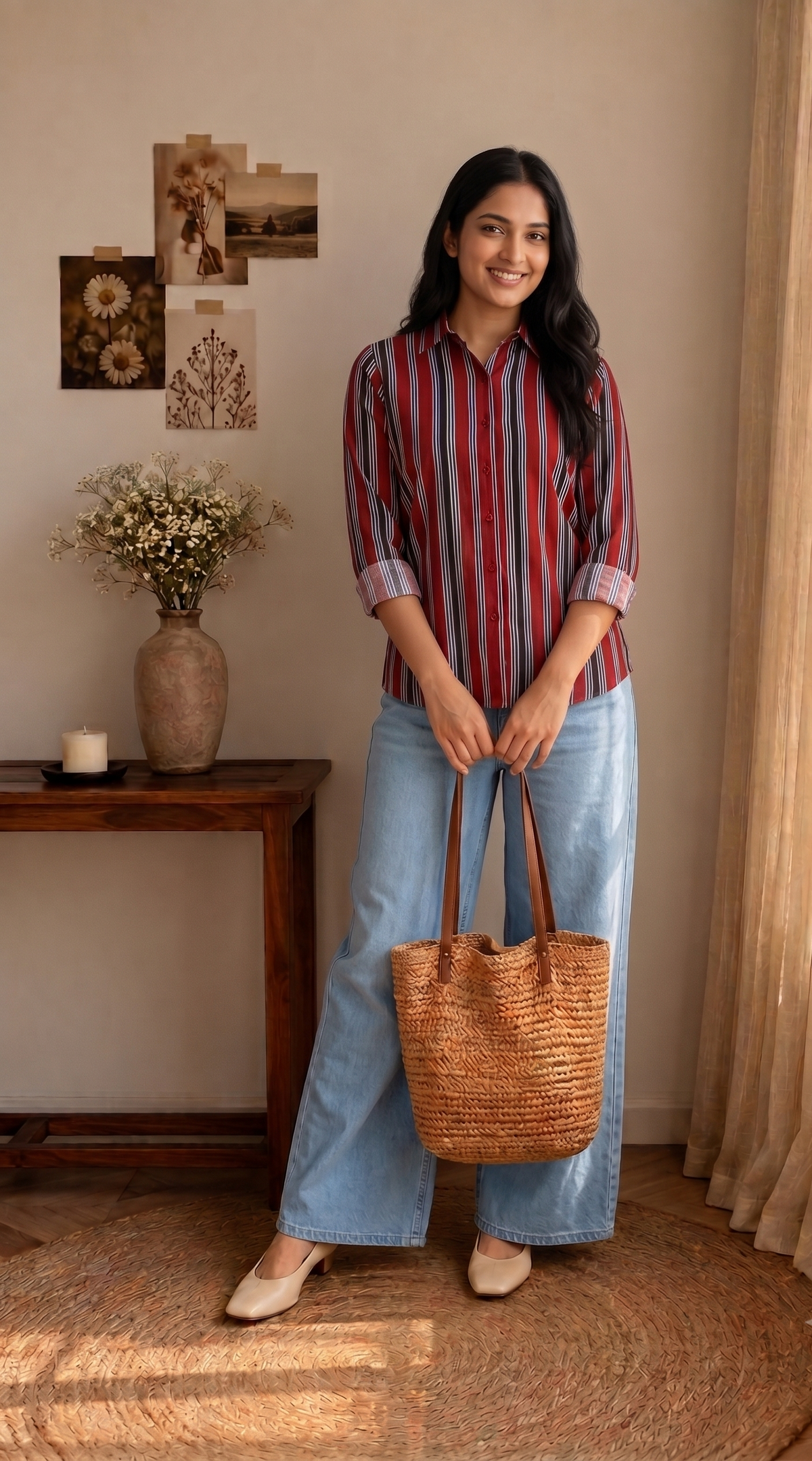 A woman stands in a sunlit room wearing a red and blue vertically striped button-up shirt, light blue wide-leg jeans, and beige flats, holding a woven straw tote bag.