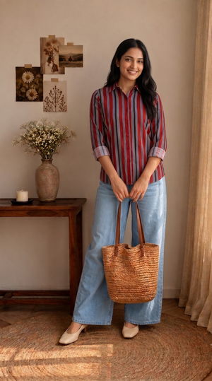 A woman stands in a sunlit room wearing a red and blue vertically striped button-up shirt, light blue wide-leg jeans, and beige flats, holding a woven straw tote bag.