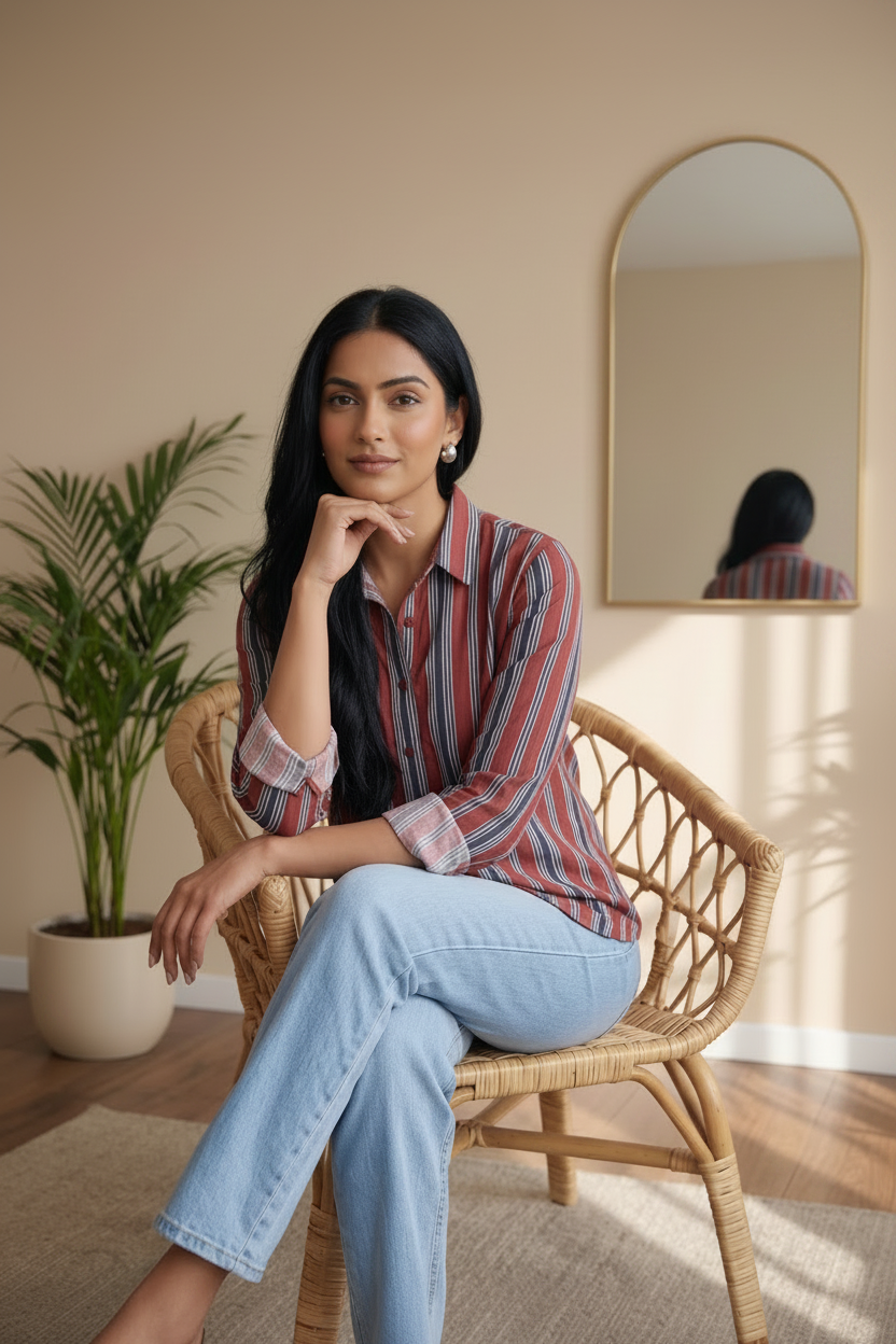 A woman sits on a rattan chair in a warm, modern room, wearing a red, blue, and white striped button-down shirt and light blue jeans. She is looking directly at the camera, with her reflection visible in an arched wall mirror on the beige wall behind her.