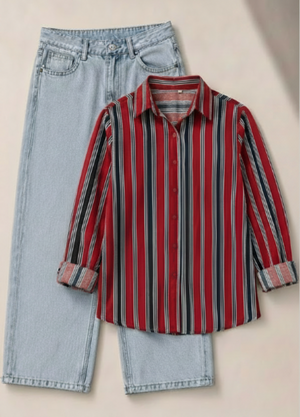 A styled flat-lay of a red and black striped button-up shirt with light-wash blue jeans on a warm beige background.