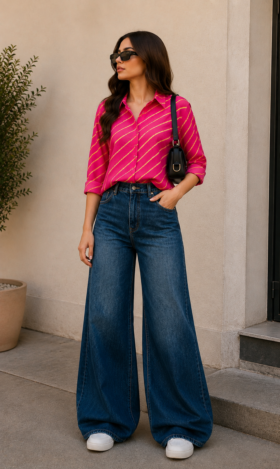 A woman wearing a bright pink striped button-down shirt, high-waisted wide-leg blue jeans, white sneakers, and sunglasses, standing outdoors against a beige stucco wall.