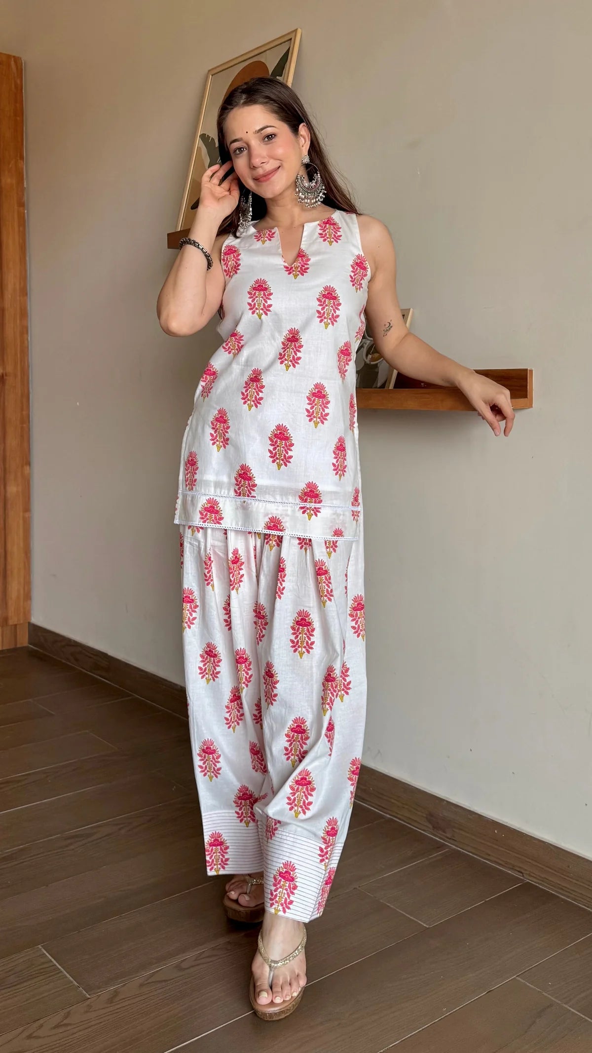 Ivory Red Mughal Buti Cotton Farshi Salwar Set