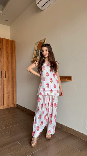 Ivory Red Mughal Buti Cotton Farshi Salwar Set