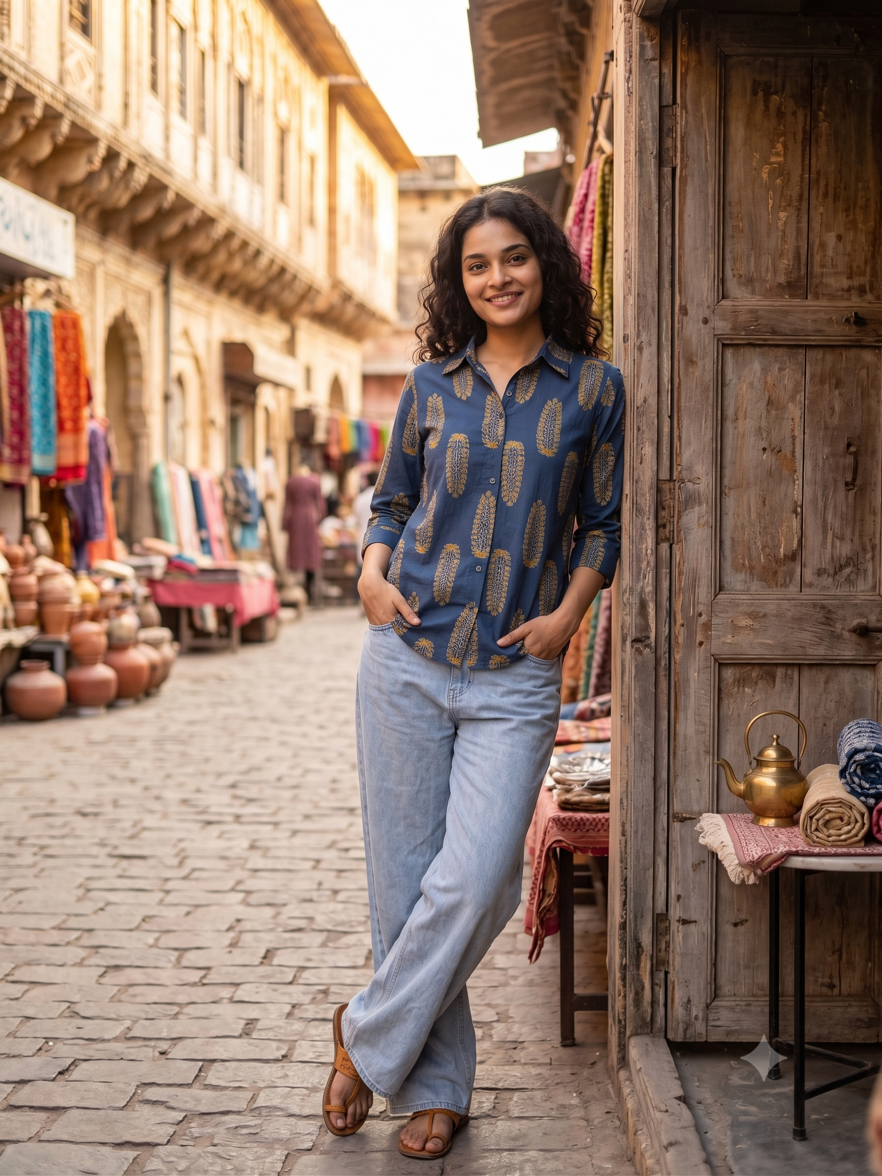A woman stands on a cobblestone street in a historic market town, wearing a blue long-sleeve button-up shirt with a beige and brown leaf pattern, paired with light-wash wide-leg jeans and brown leather sandals.