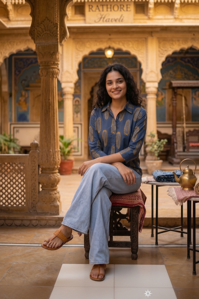 A woman sits on a carved wooden stool in a traditional Indian courtyard, wearing a blue patterned long-sleeve shirt and light blue wide-leg jeans. The background features ornate beige stone pillars and arches with a sign reading 'RATHORE Haveli'.